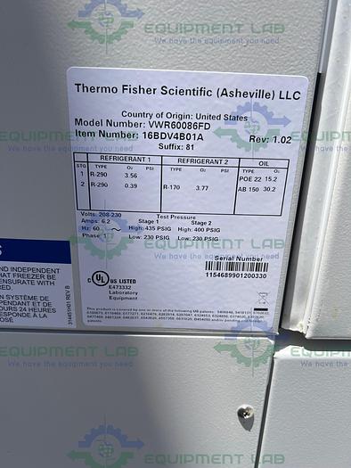 Used Thermo  VWR60086FD Ultra-Low Temperature Freezer -86°C, 28.8 Cu.Ft. 208V MFG 2020