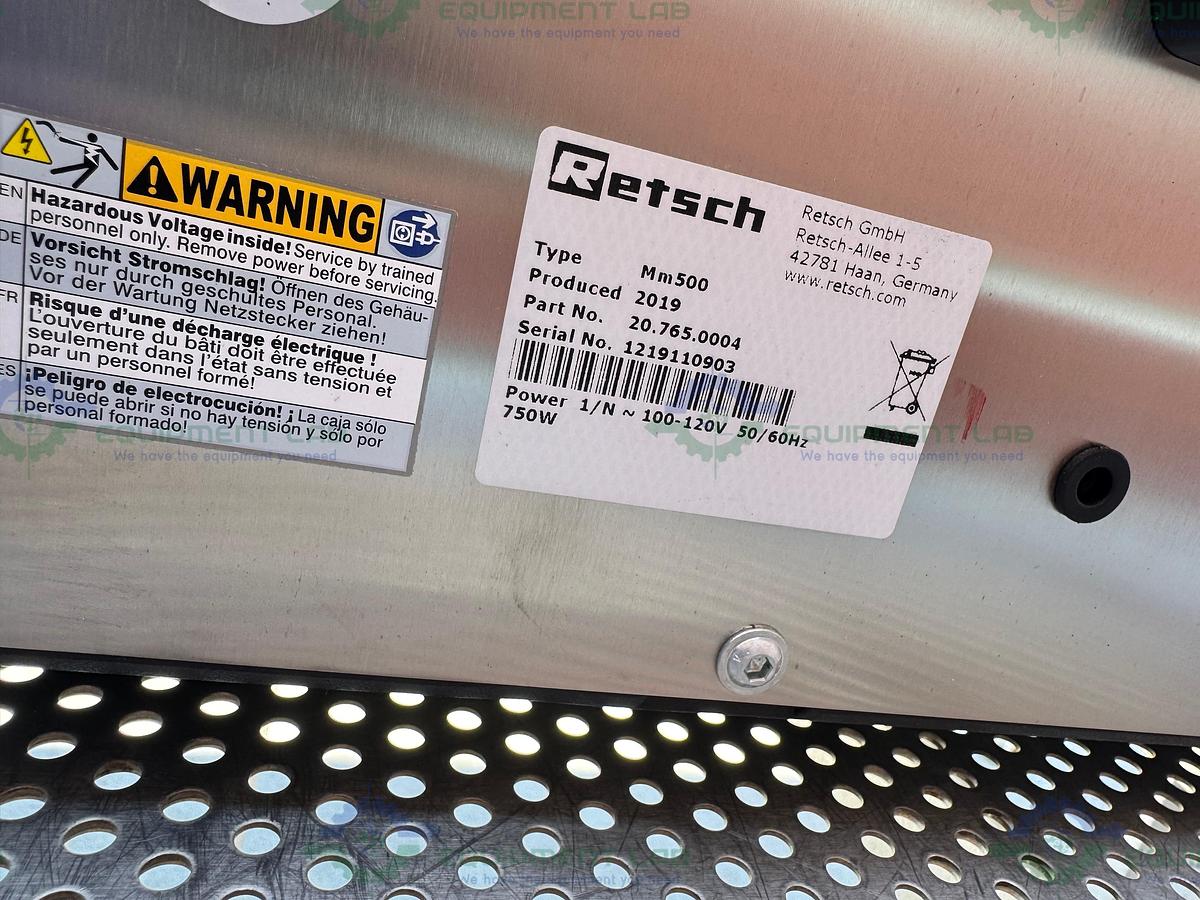 Used Retsch Mm 500 Bench Top Mill Mixer w/ 2- 50mL and 2 - 125 mL Mixer Buckets