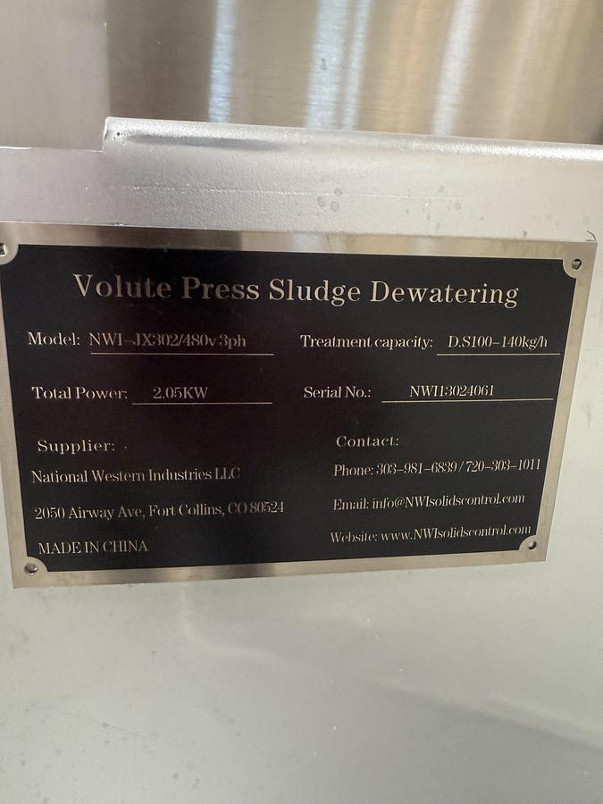 NWI JX302 Volute Press Sludge Dewatering System w/  Polymer  Dosing Unit MFG 26