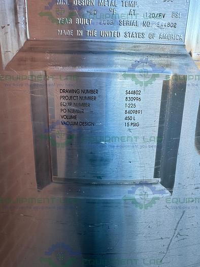 Used Feldmeier Equipment 450 Liter Stainless Steel Jacketed Reactor 120 FV PSI