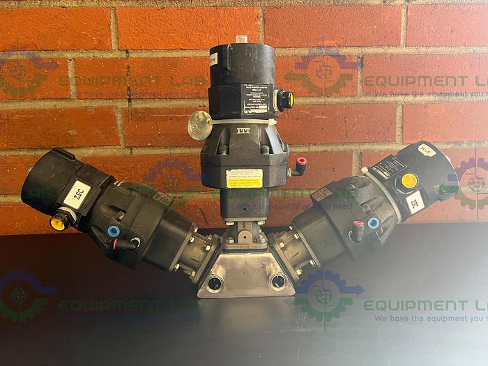 Used Lot of 3- ITT Pure Flo 9920 Diaphragm Valve w/ 4- Way 3/4" Sanitary Fittings