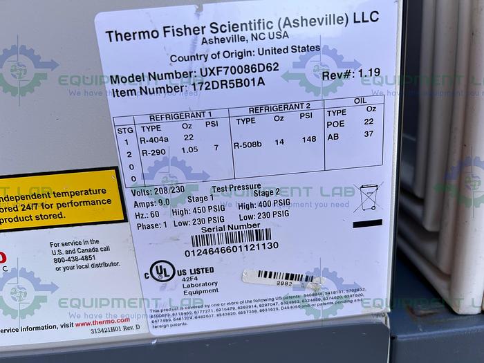 Used Thermo  Revco UXF60086A -86 ºC Laboratory Freezer 28.8 CU FT 115V