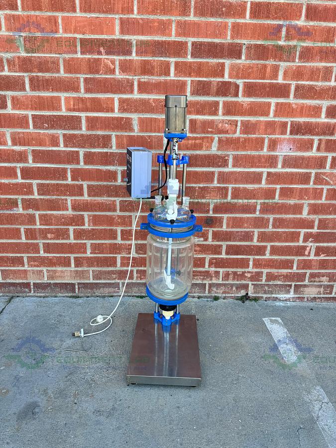 Used China 5 Liter Jacketed Glass Reactor w/ China Overhead Stirrer