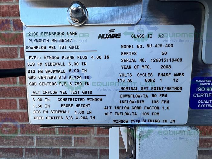 Used Nuaire NU-425-400 Class II Type A2 Biological Safety Cabinet 4 Ft