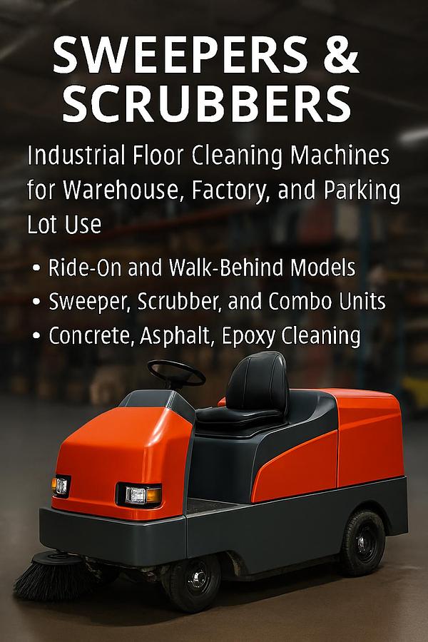 Ride‑on industrial floor scrubber with cylindrical brush, operator seat, and high‑capacity tanks for cleaning concrete warehouse floors