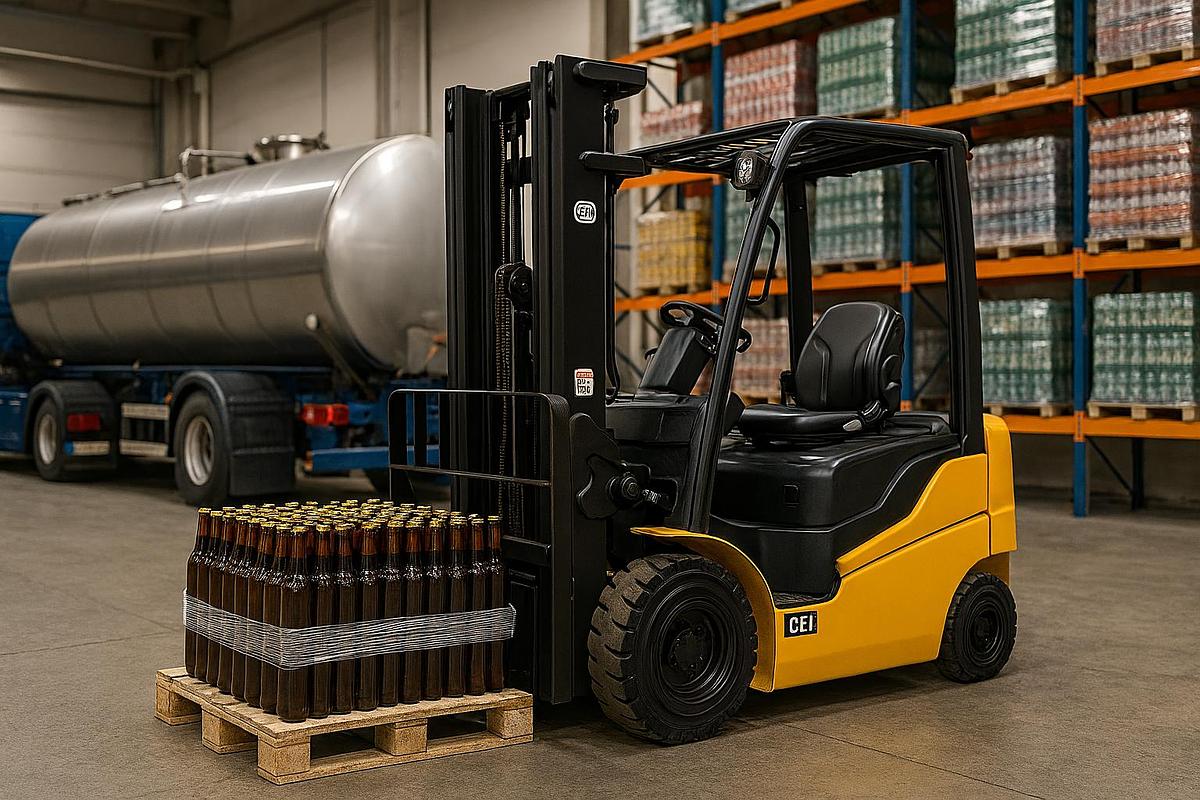 Electric forklift lifting a pallet of bottled beverages in a beverage distribution warehouse, with CSA-certified equipment operating near a stainless steel tanker truck and high-density racking.