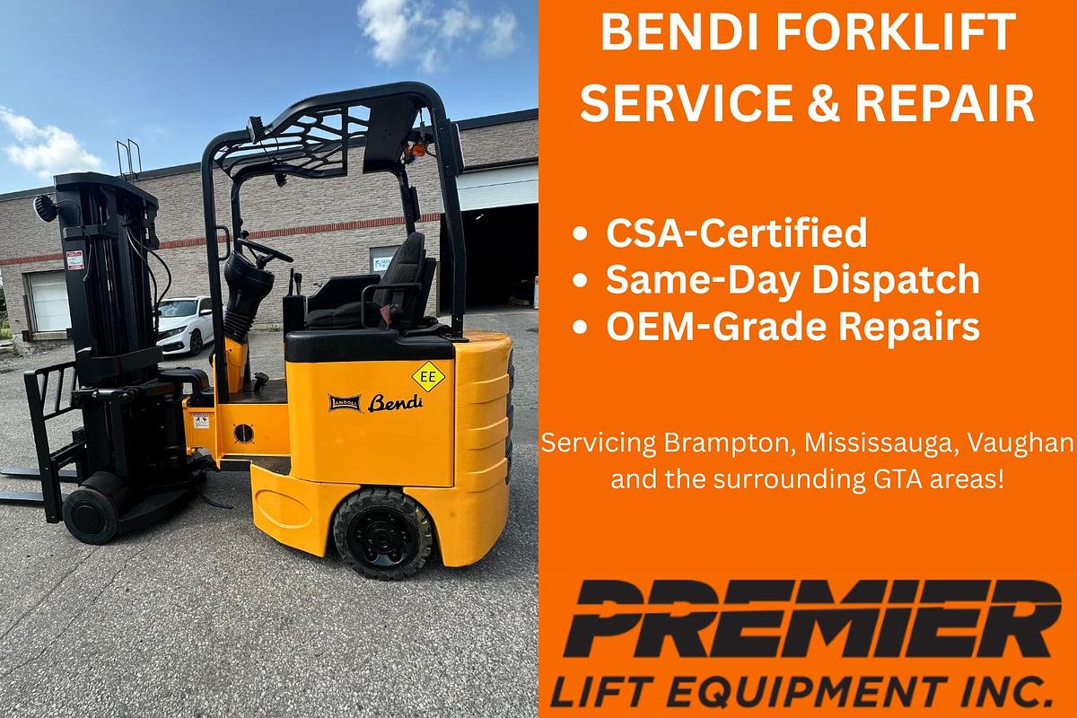 Bendi forklift technician performing CSA-certified VNA diagnostics in a narrow aisle warehouse