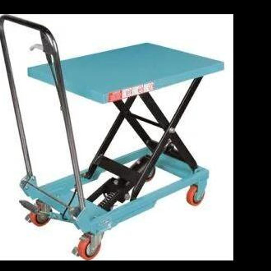 Front view of refurbished heavy‑duty hydraulic scissor lift table showing platform dimensions, ergonomic push handle, and CSA certification decal during Concord deployment.