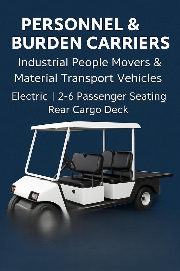 Electric personnel carrier with 4‑passenger seating, rear cargo deck, automotive‑style steering, and cushion tires for indoor warehouse transport.