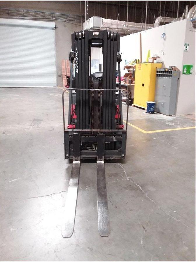 Front view of refurbished 2016 Linde H25CT LPG forklift showing 60" forks, solid tires, load back rest, quad mast with side shift, and CSA certification decal during Brampton deployment.