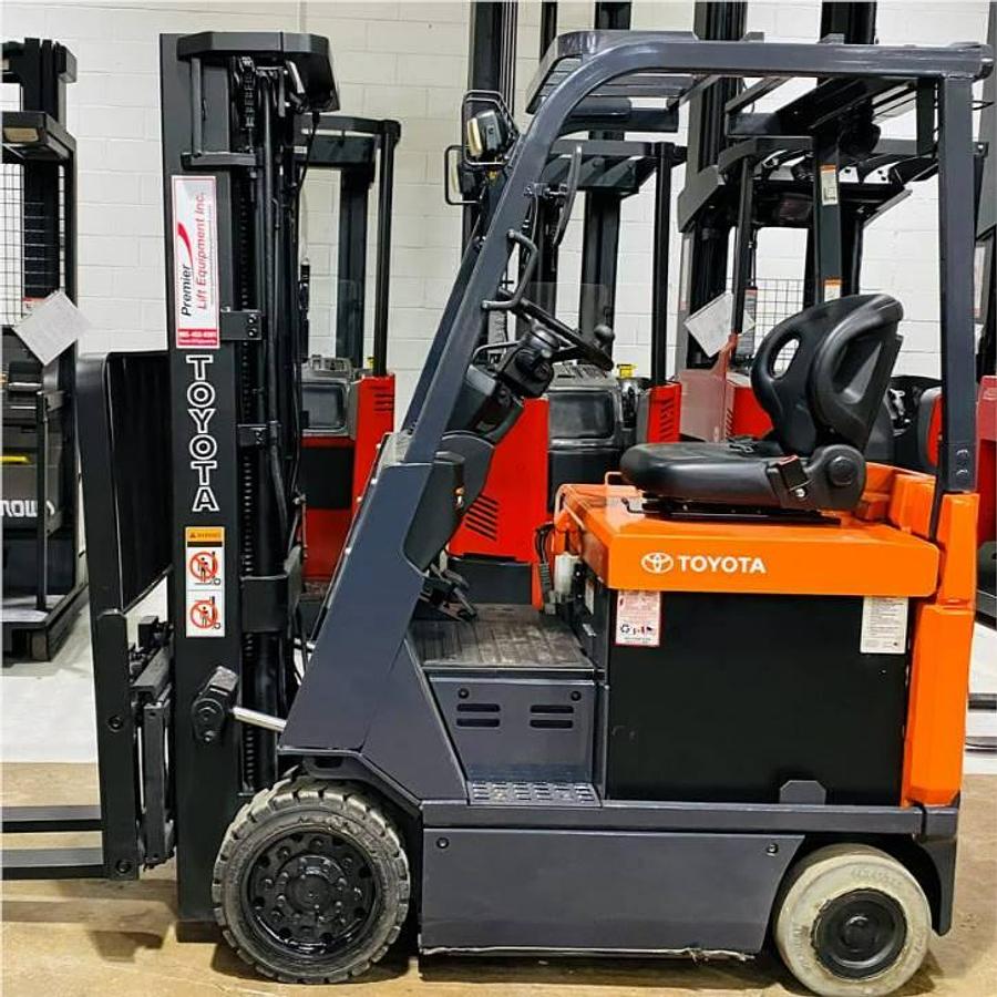 Toyota 7FBCU15 CSA electric forklift Brampton 3000 lb 189” triple mast compact chassis freezer-compatible UL/EE fire-safe