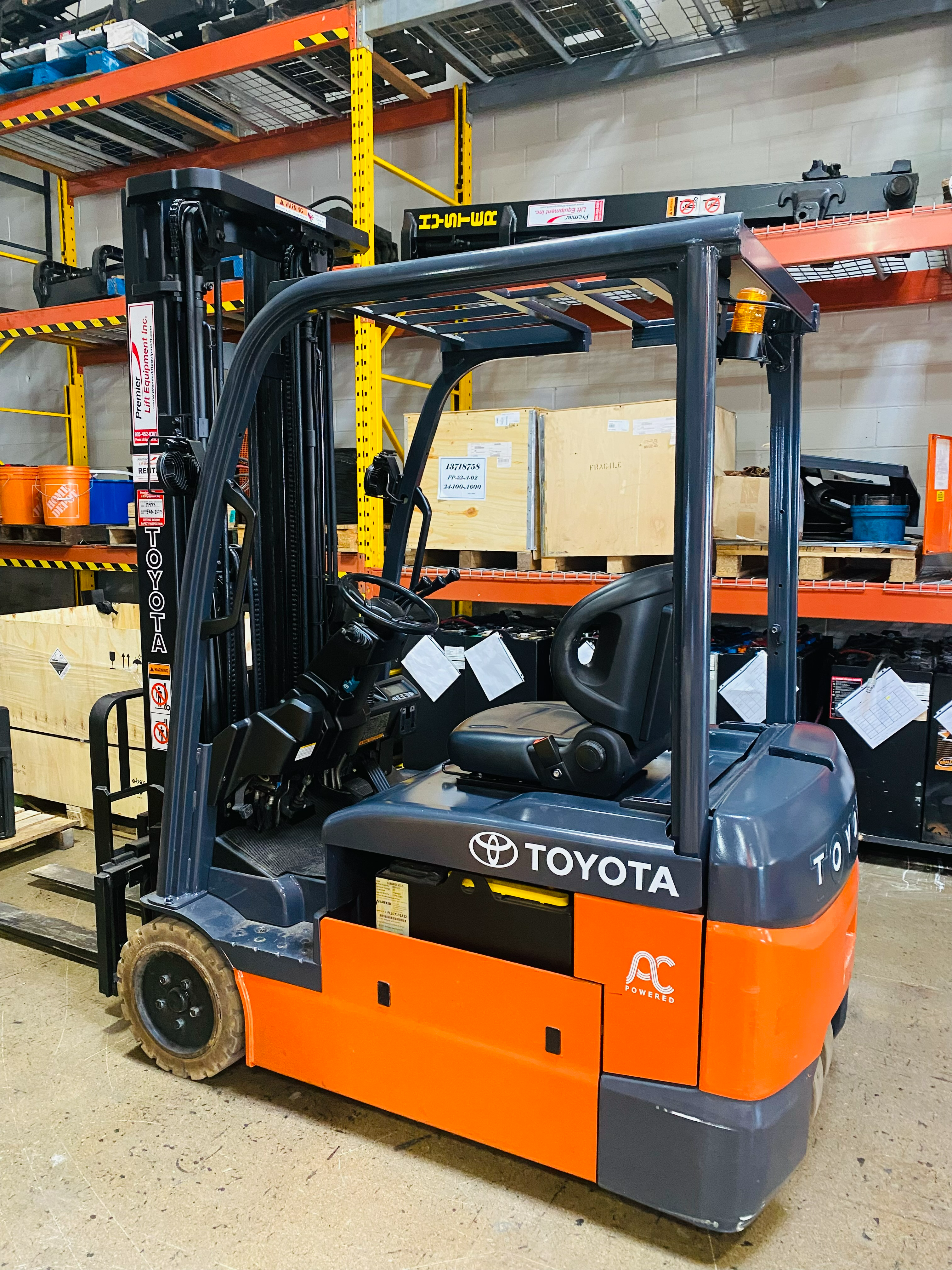 2020 Toyota 8FBE20U side view — 4,000 lb 3‑wheel electric forklift with 189” triple mast and cushion tires