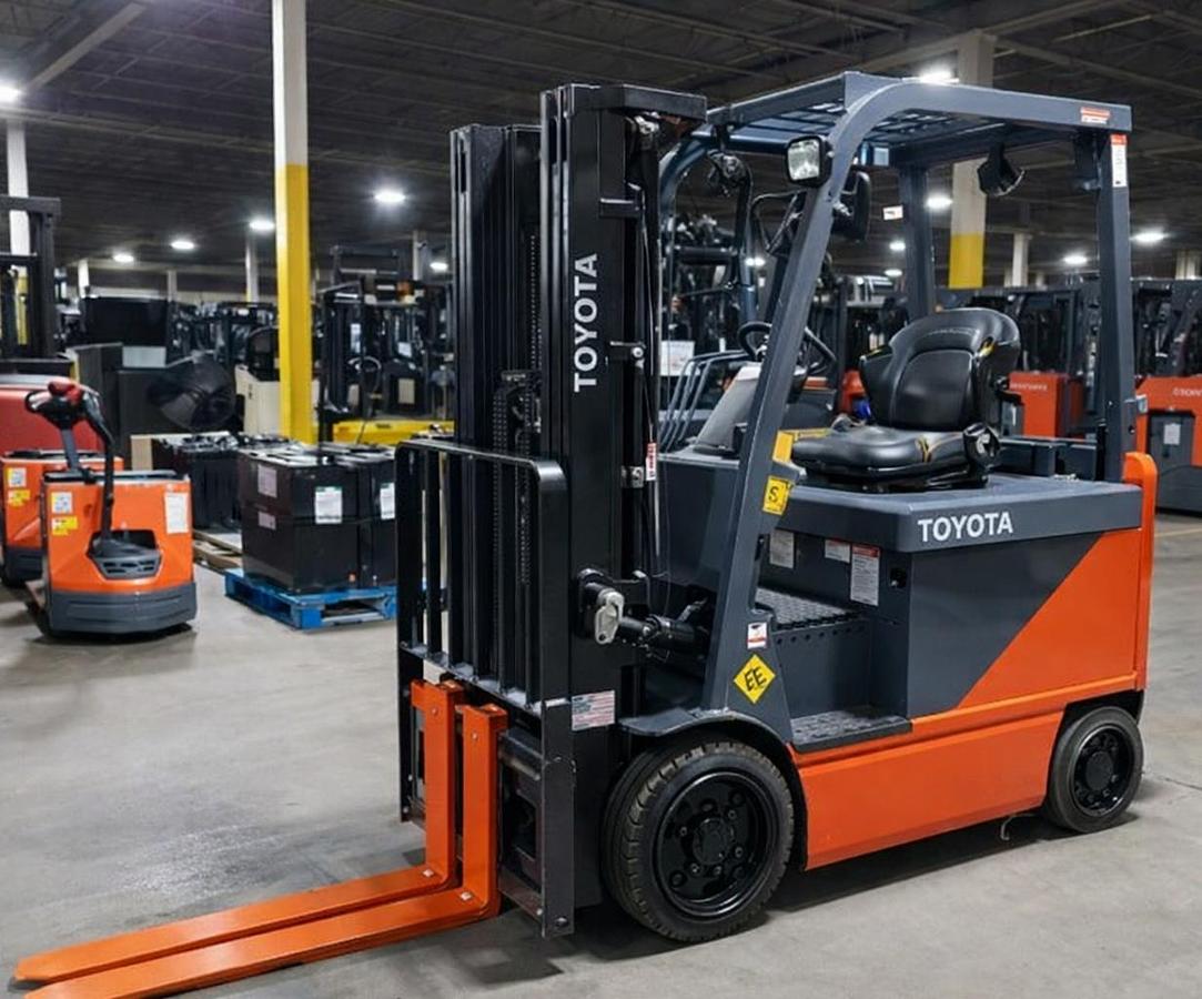 2018 Toyota 8FBCHU25 EE rated electric forklift side angle view 5000 lb 48V
