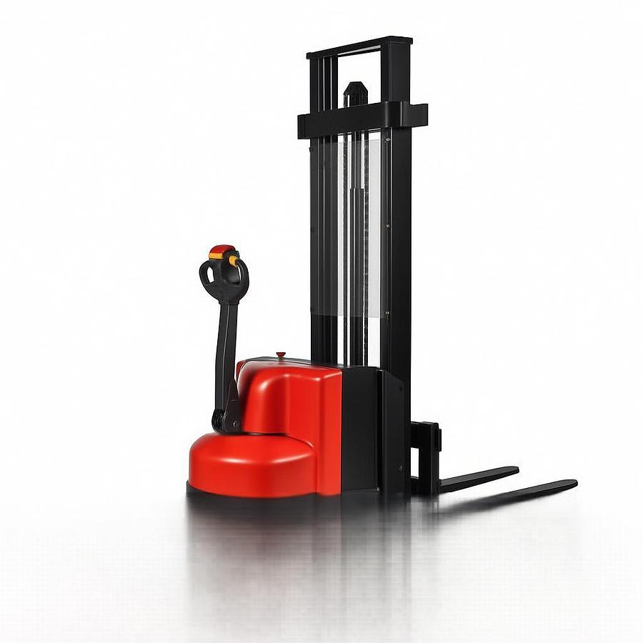 Electric walkie straddle stacker with adjustable straddle legs, compact chassis, and dual mast for indoor pallet stacking in narrow warehouse aisles