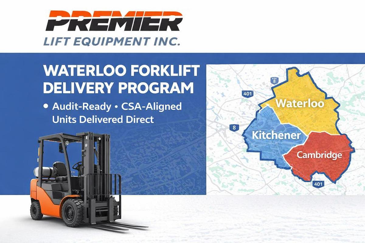 Waterloo Forklift Delivery Program — Premier Lift Equipment Inc. logo above an orange and black forklift beside a regional map highlighting Waterloo, Kitchener, and Cambridge with 401 and 8 highways marked; text reads Audit‑Ready • CSA‑Aligned Units Delivered Direct