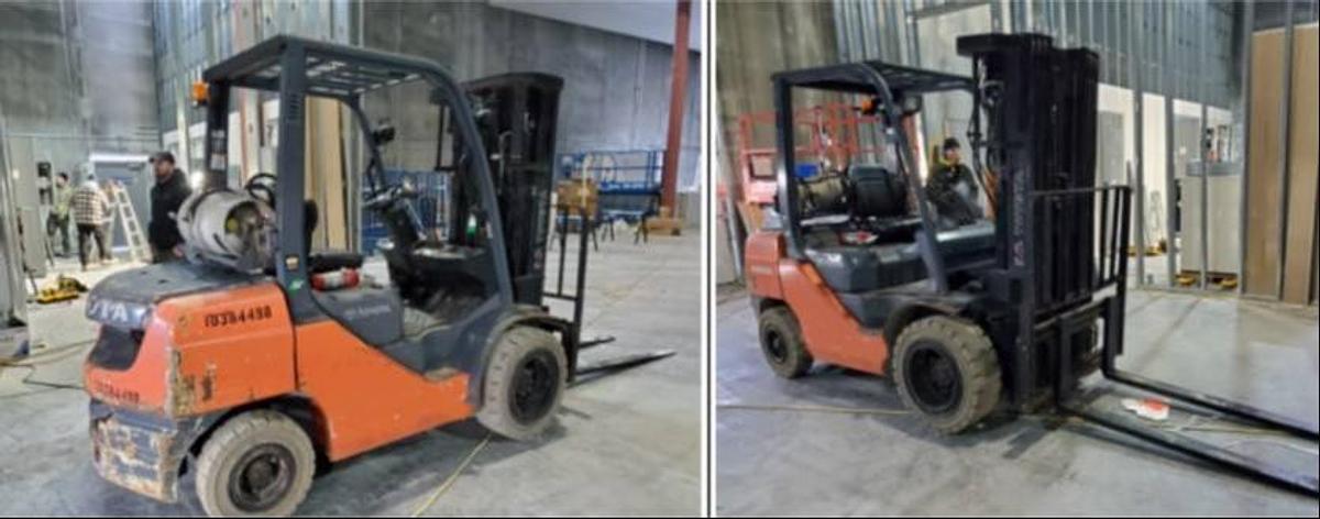 Split image showing front side and rear back view of refurbished 2015 Toyota 8FGU30 LP gas forklift with 240" quad mast, pneumatic tires, propane tank mount, and CSA decal during Brampton deployment