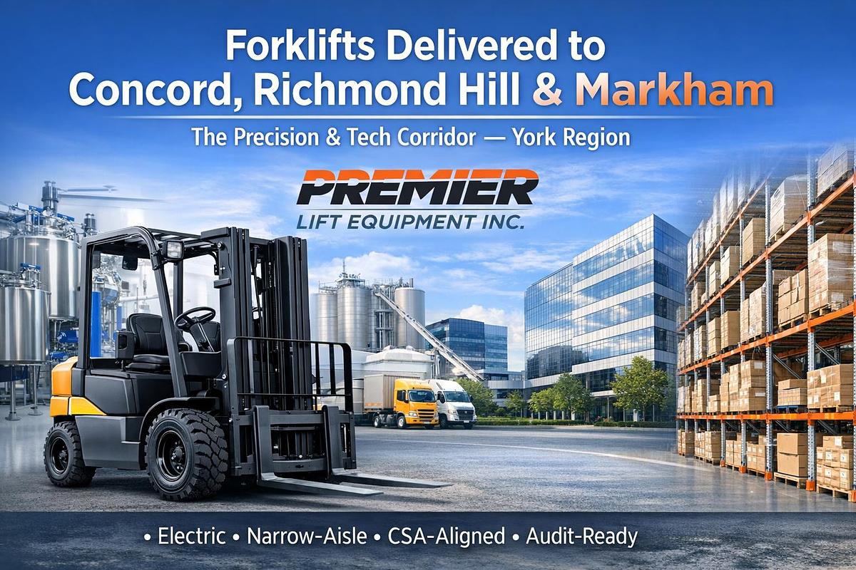 CSA‑aligned forklifts delivered to Concord, Richmond Hill, and Markham — York Region Precision & Tech Corridor by Premier Lift Equipment Inc. Electric forklift in foreground with pharmaceutical lab, modern office building, and high‑density warehouse scenes in background; headline reads “Forklifts Delivered to Concord, Richmond Hill & Markham.”