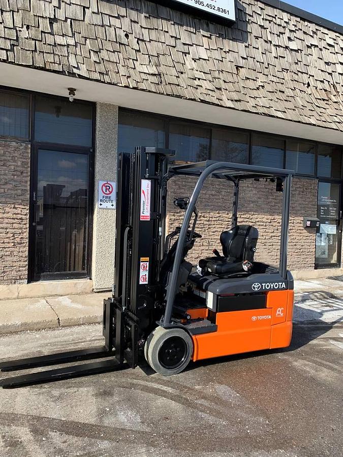 2016 Toyota 8FBE20U electric 3-wheel forklift with CSA certification deployed in Brampton for indoor warehouse operations and narrow aisle maneuvering