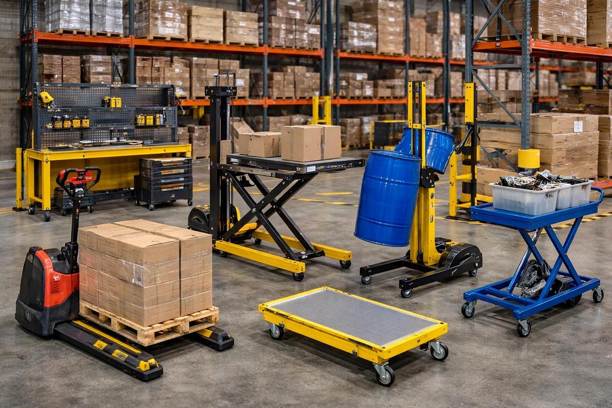Material handling equipment – hydraulic scissor lift table and electric high‑lifter pallet truck used for ergonomic lifting and load positioning