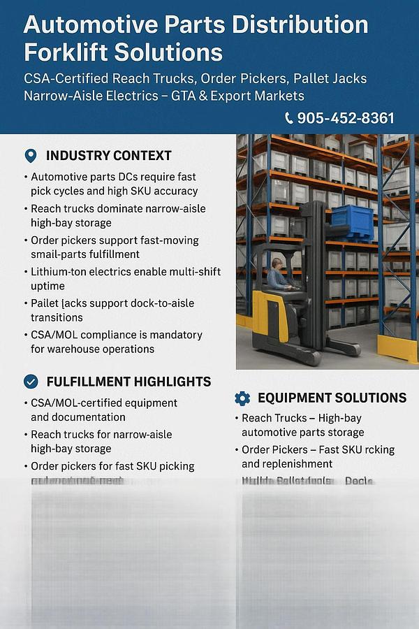 CSA‑certified reach truck lifting automotive parts totes in a high‑density narrow‑aisle distribution center.