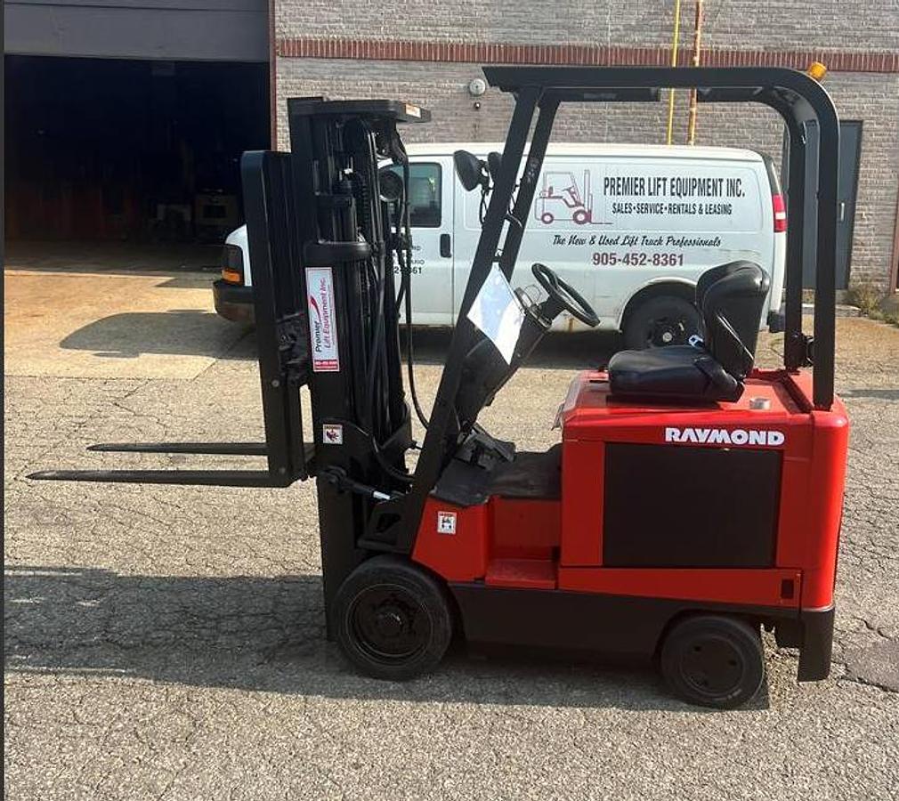 Opposite side view of Budget Raymond DSD30R older electric forklift, non‑CSA.