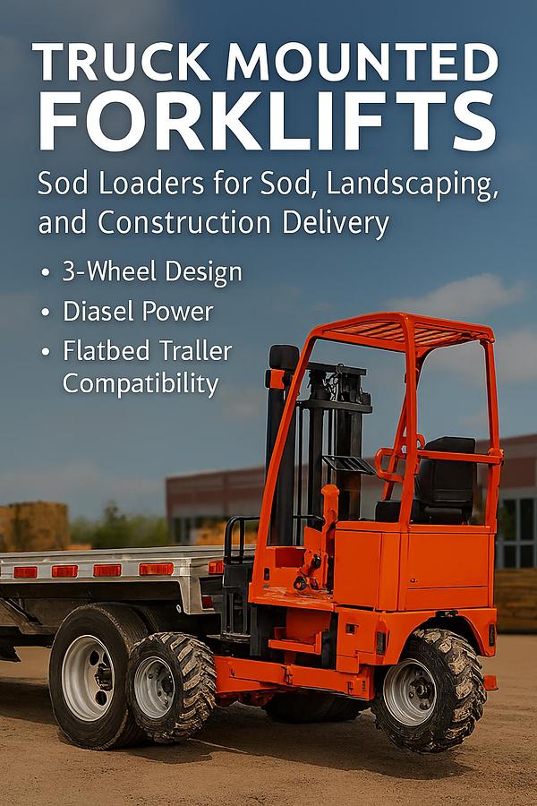Truck mounted forklift with 3‑wheel design, diesel power, vertical mast, and pneumatic tires mounted on rear of flatbed trailer for sod and landscape delivery.