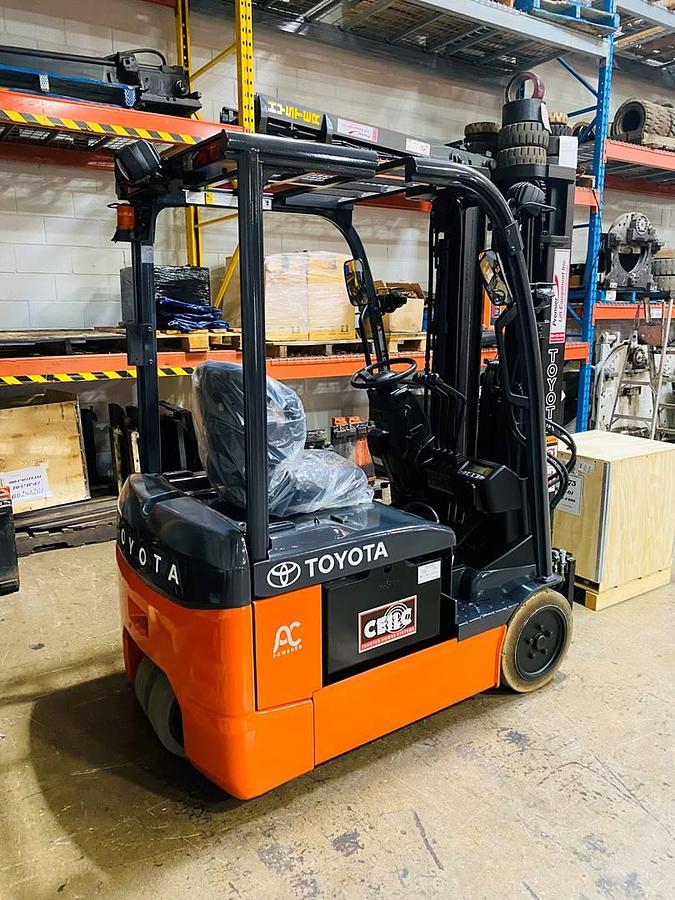 2021 Toyota 8FBE15U CSA electric forklift Brampton 3000 lb 189” triple mast side shift 3-wheel UL/EE rated export-certified