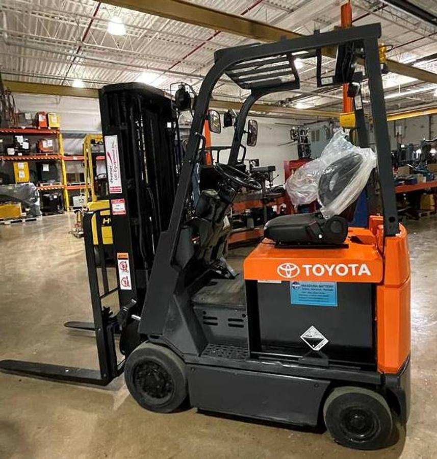 Toyota 7FBCU18 CSA electric forklift Brampton 3500 lb 189” triple mast clamp-ready UL/EE fire-safe