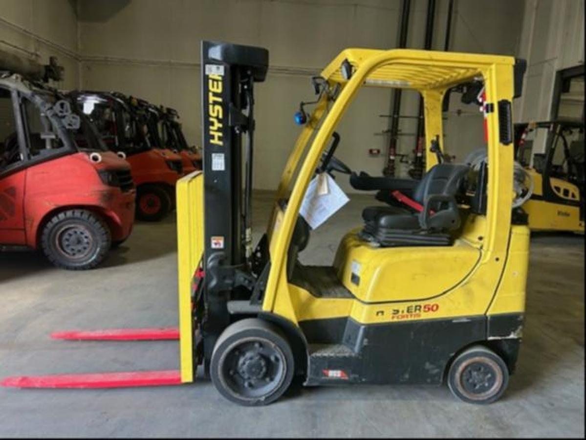 2017 Hyster S50FT CSA propane forklift Brampton 5000 lb 189” triple mast side shift cushion tires clamp-ready UL/EE fire-safe export-certified