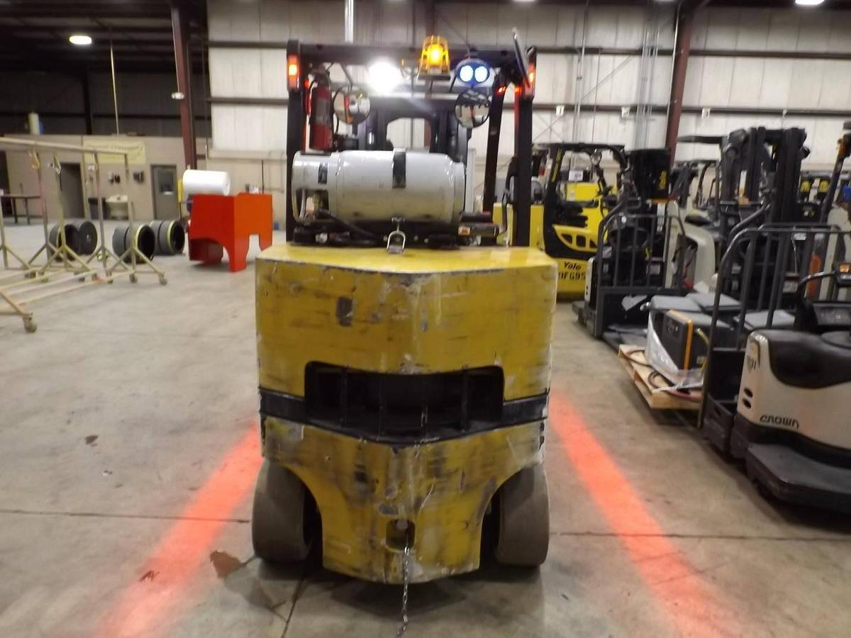 Rear view of Yale GLC120VX boxcar forklift showing compact counterweight, cushion tires, and LP tank bracket – CSA certified indoor unit in Brampton ON