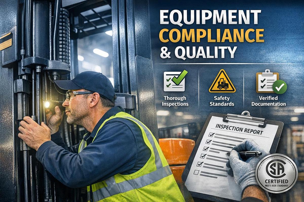 Technician inspecting forklift mast and hydraulics with safety gear, CSA compliance badge, inspection report, and safety icons representing equipment quality and verified documentation.