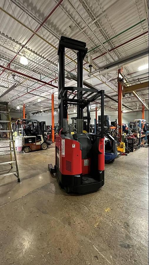  Rear view of Raymond 750‑DR32TT deep reach forklift showing counterweight, safety lighting, and CSA certification decals