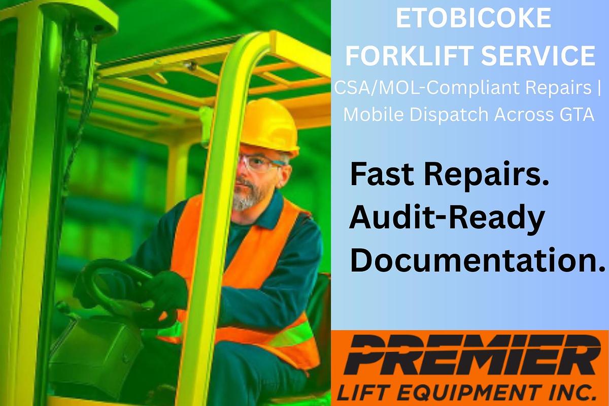 CSA-certified forklift technician performing scheduled brake and propane diagnostics in Etobicoke warehouse