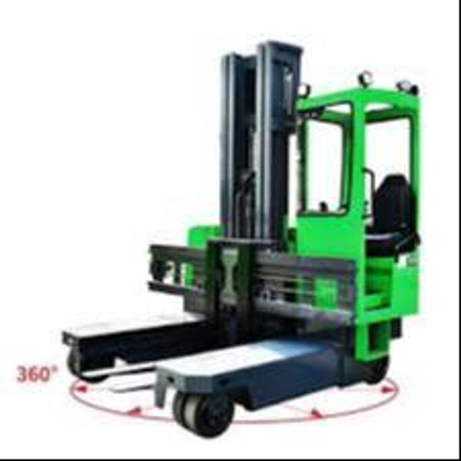 4‑Directional internal combustion forklift handling long loads in a narrow aisle warehouse, suitable for propane, diesel, gasoline, and natural gas operation.