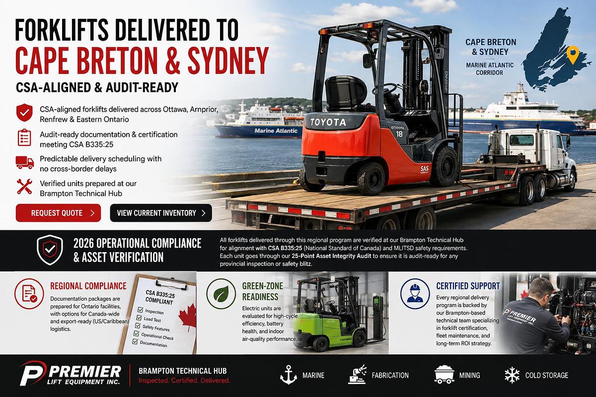 We deliver CSA‑aligned forklifts across Cape Breton, Sydney, and the Marine Atlantic corridor with audit‑ready documentation, predictable delivery scheduling, and verified units prepared at our Brampton Technical Hub.    ﻿Each forklift is inspected, load‑tested, and certified for immediate deployment in marine, fabrication, mining, and cold‑storage environments.  Documentation meets CSA B335:25 and internal 7‑Layer Verification standards, ensuring audit compliance for safety managers and insurers.  Request Quote  View Current Inventory  2026 Operational Compliance & Asset Verification    All forklifts delivered through this regional program are verified at our Brampton Technical Hub for alignment with CSA B335:25 (National Standard of Canada) and MLITSD safety requirements. Each unit goes through our 25‑Point Asset Integrity Audit to ensure it is audit‑ready for any provincial inspection or safety blitz.  Regional Compliance    Documentation packages are prepared for Ontario facilities, with options for Canada‑wide and export‑ready (US/Caribbean) logistics.  Green‑Zone Readiness    Electric units are evaluated for high‑cycle efficiency, battery health, and indoor air‑quality performance.  Certified Support    Every regional delivery program is backed by our Brampton‑based technical team specializing in forklift certification, fleet maintenance, and long‑term ROI strategy.