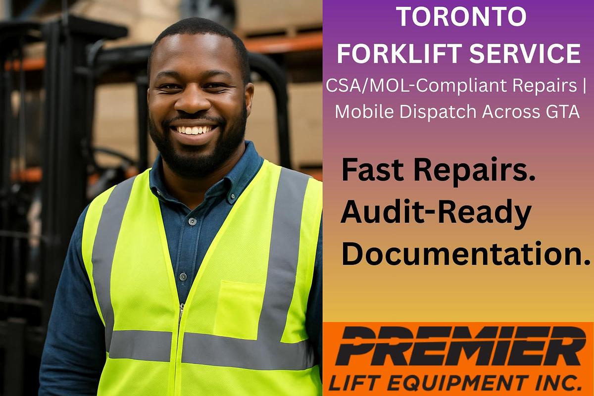 CSA-certified forklift technician performing scheduled brake and mast repairs in Toronto warehouse