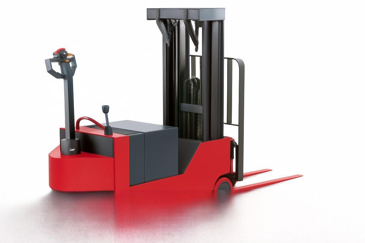 CSA‑approved electric walkie counterbalance forklift with no outriggers, compact chassis, and high‑visibility mast for indoor pallet handling.