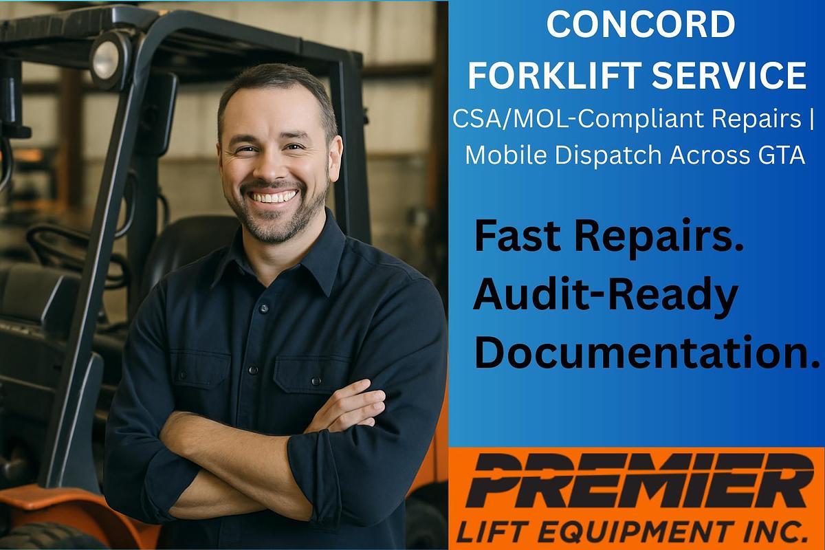 CSA-certified forklift technician performing mobile brake and mast repairs in Concord warehouse