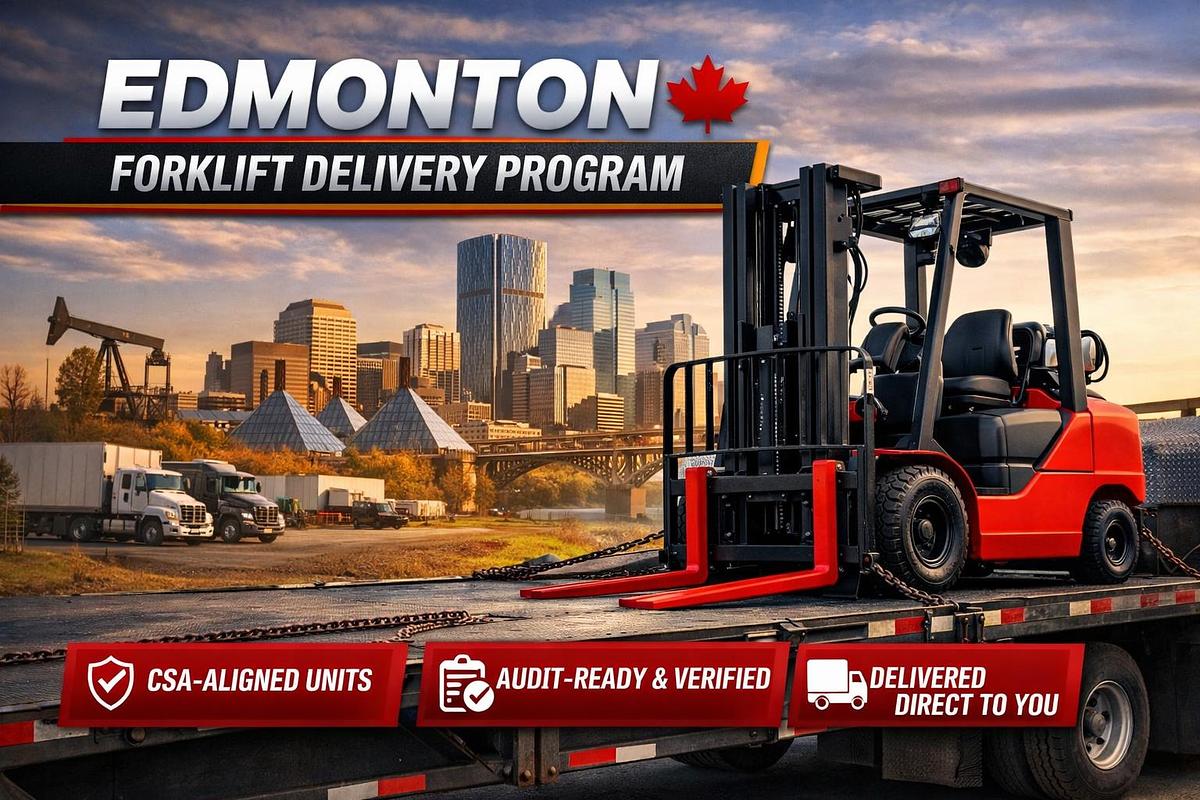 Edmonton Forklift Delivery Program — CSA‑aligned, audit‑ready electric forklift on flatbed transport with Edmonton skyline, Muttart Conservatory, and High Level Bridge in background; Premier Lift Equipment Canada‑wide delivery.