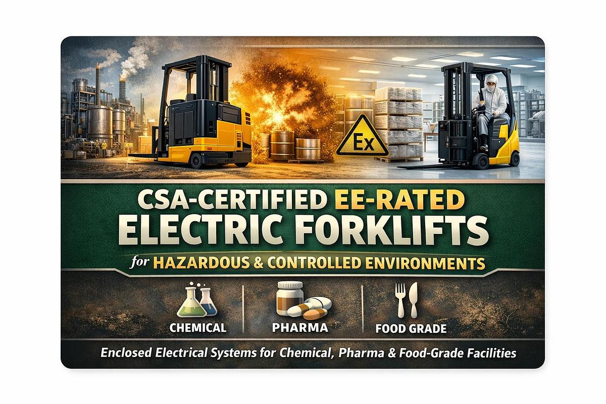 CSA‑certified EE‑rated electric forklift with fully enclosed electrical systems for hazardous and controlled environments, ideal for chemical, pharmaceutical, and food‑grade facilities