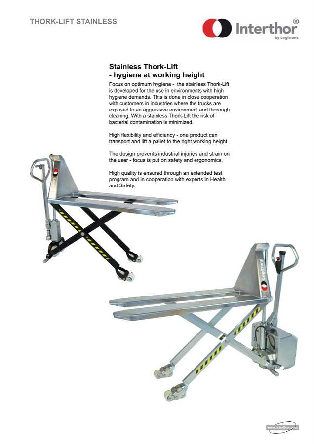 Side view of refurbished 2020 Interthor EHL1004 RF‑Plus electric high‑lifter showing scissor lift design, ergonomic handle, and CSA certification decal during Brampton deployment.
