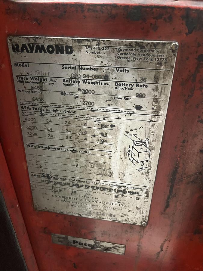 Used Raymond 060C40TT EE‑Rated Stand‑Up Counterbalance | 4,000 lb | 194” Triple Mast | 36V Electric | Brampton, ON