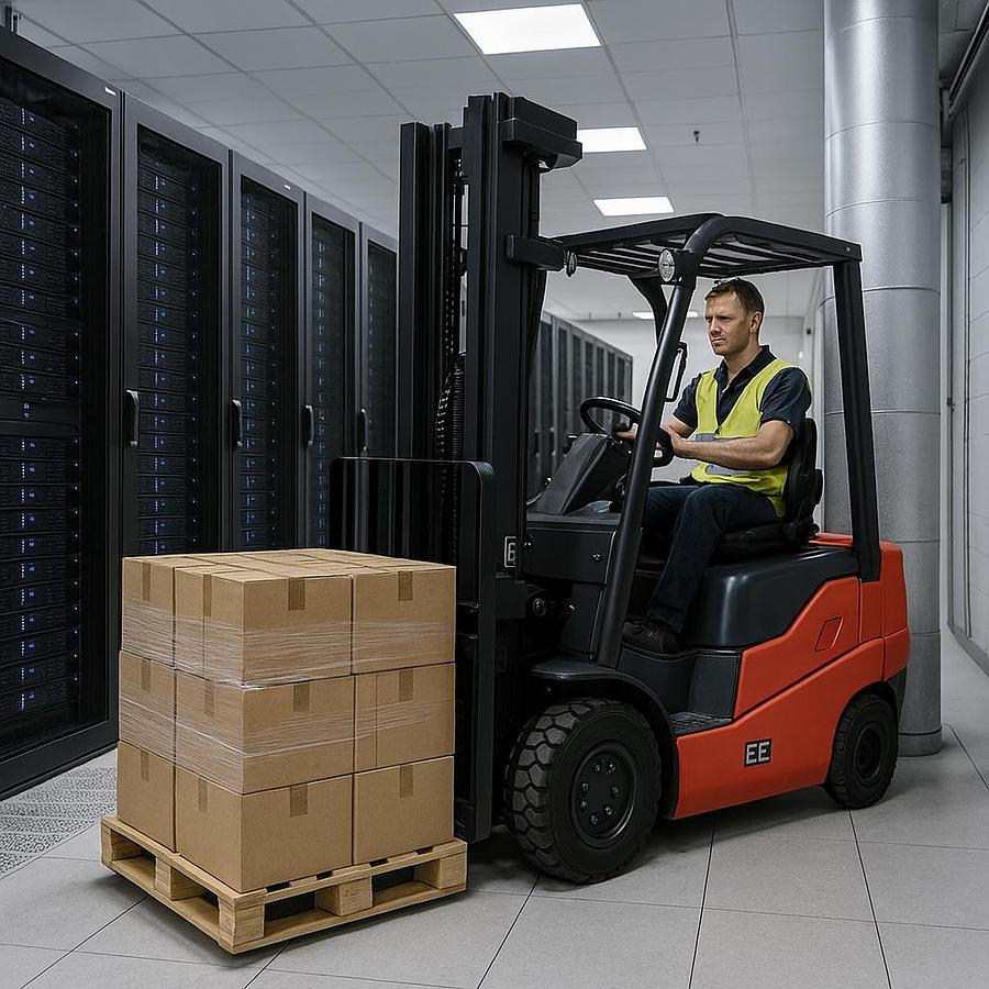 CSA-certified EE-rated electric forklift transporting sealed equipment crates in a high-density server room with organized racks and HVAC infrastructure.