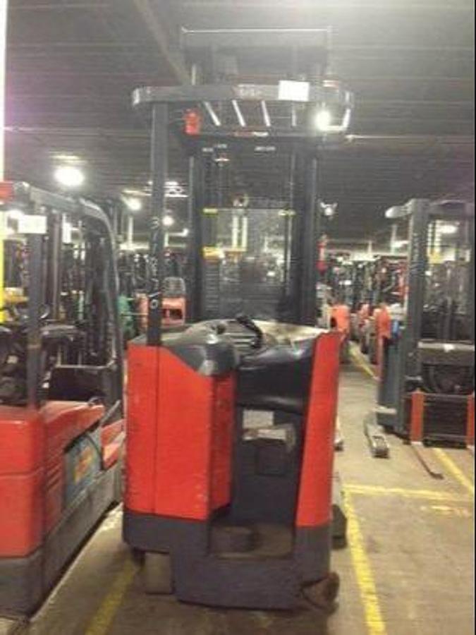 Back view of refurbished 2007 Toyota 7BDRU15 electric double reach forklift showing counterweight, rear tires, and CSA certification decal during Ontario deployment