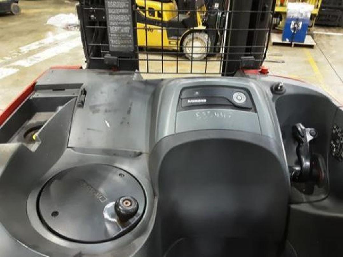 Operator compartment view showing stand-up controls and forward-stance layout