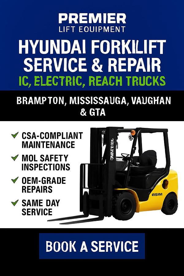 CSA-certified technician servicing Hyundai reach truck and IC forklift in Mississauga warehouse
