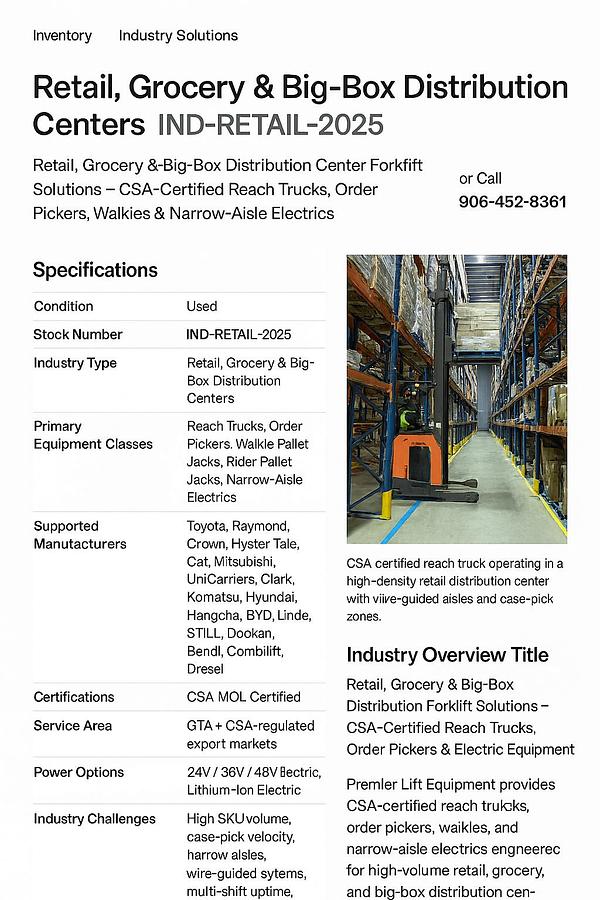 CSA‑certified reach truck operating in a high‑density retail distribution center with wire‑guided aisles, high‑bay racking, and active case‑pick zones.