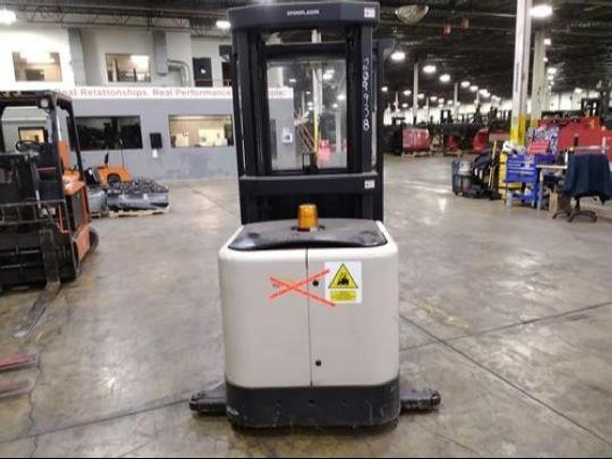 Crown SP3530-30 – rear view – counterweight, battery compartment, and safety decals – CSA stand-up picker – Brampton ON