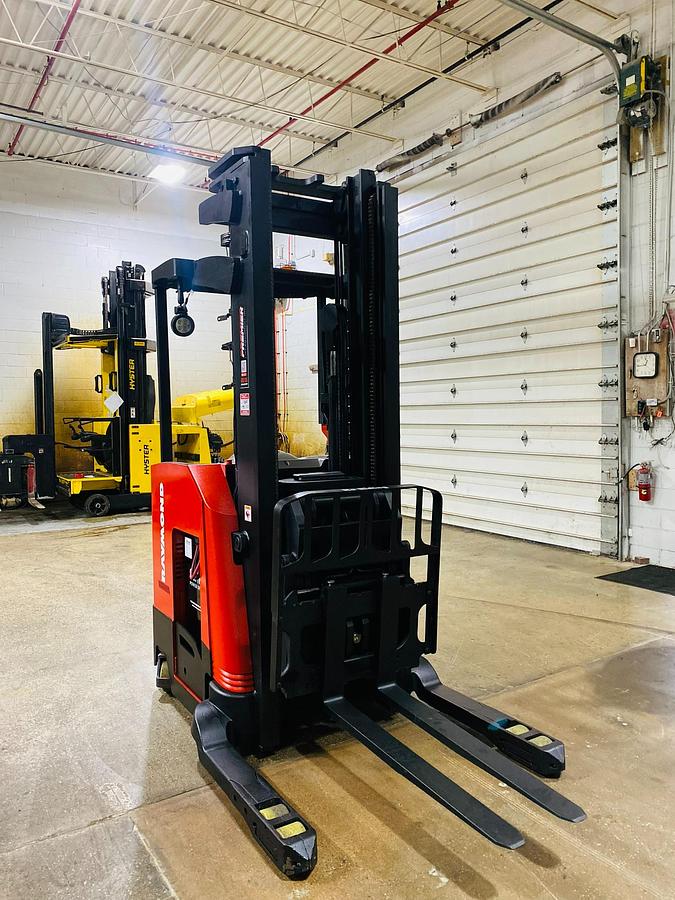 Front view of refurbished Raymond 740-DR32TT double reach forklift – CSA certified, 216” triple mast