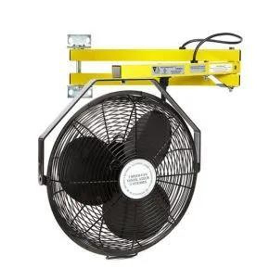 Front view of refurbished DLFAN40 dock fan showing fan blades, protective grille, 40" arm, and CSA certification decal during Oakville deployment.